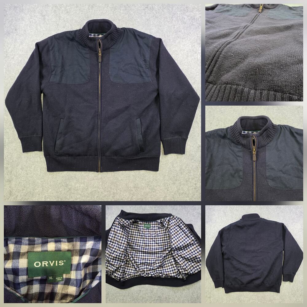 Orvis Jacket Mens XL Blue Wool Knit Bomber Full‎ Zip Plaid Lined Pockets Outdoor